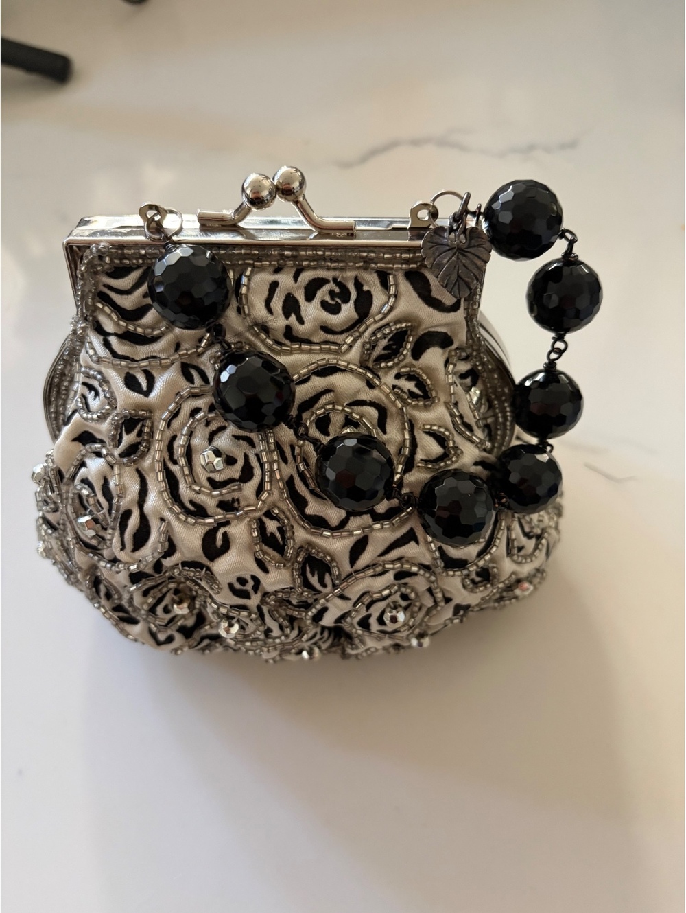 Vintage Beaded Evening Clutch Bag with Black Floral Embroidery and Satin Lining